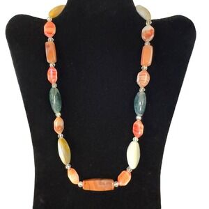 Vintage Beggar Bead Necklace Mixed Agates Gemstones 20" Box Clasp Czech Signed